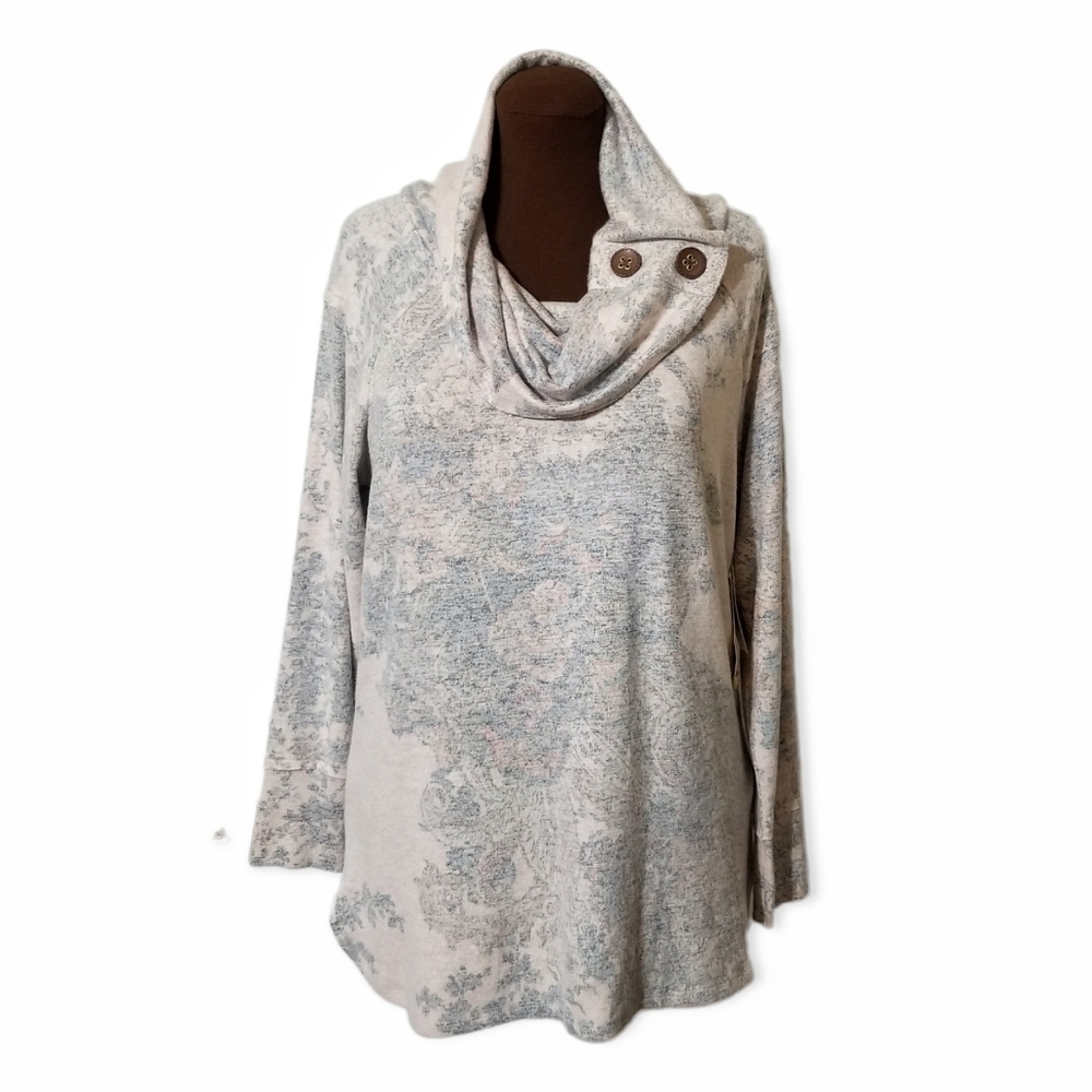One World Printed Cowlneck Long Sleeve Top Woman Size 1X